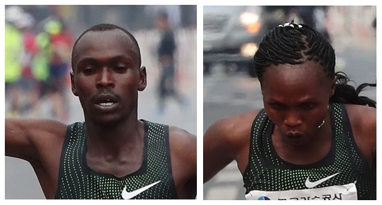 남자부 1위를 차지한 필렉스 킵치르치르 킵로티치(케냐·왼쪽)와 여자부 1위를 차지한 파멜라 젭코스게이 로티치(케냐).