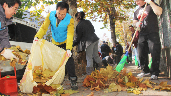 낙엽수거를하는봉사자들